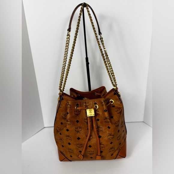 MCM Handbags - MCM Classic Cambas Tan Leather Bucket Bag with Gold Chain